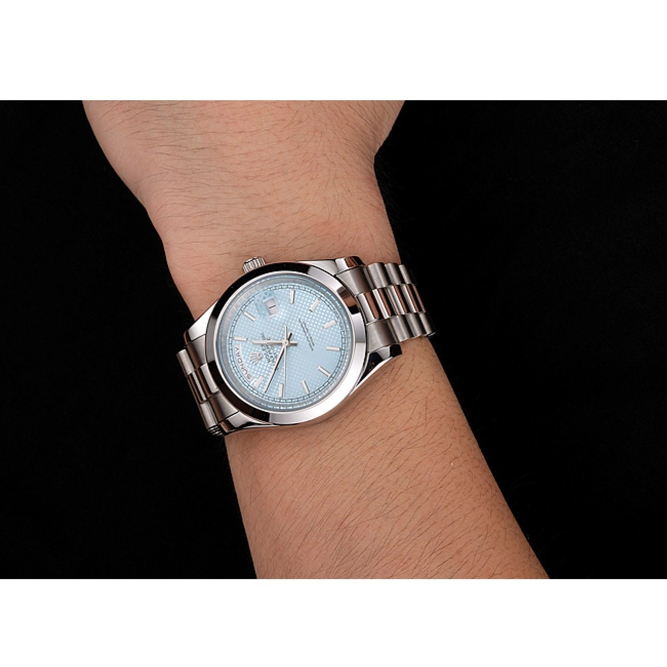Aaa replica watch 40 Blue Case Ice Bracelet Dial Steel And Stainless Rolex Date Day 0618
